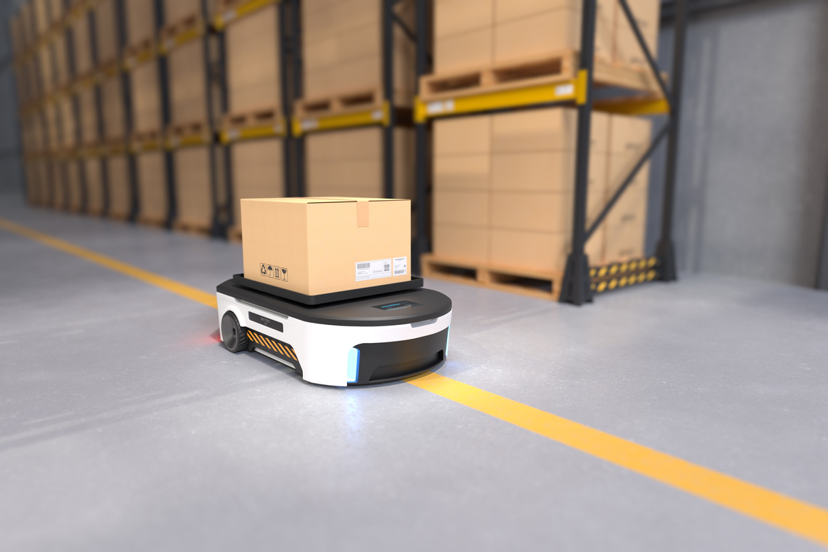 Autonomous Robot Transports Box in Warehouse 3d Illustration